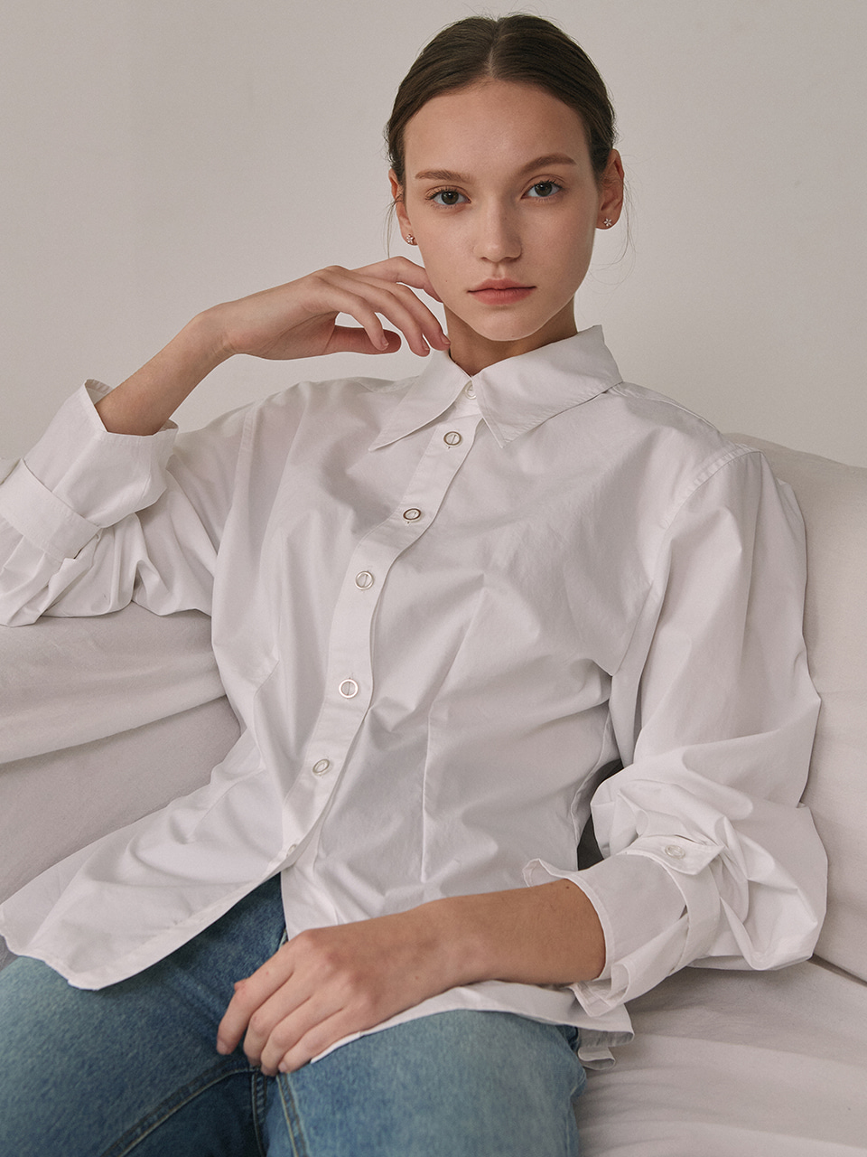 HACIE - RING BUTTON POINTED COLLAR SHIRTS [Ivory] [Taupe Beige]