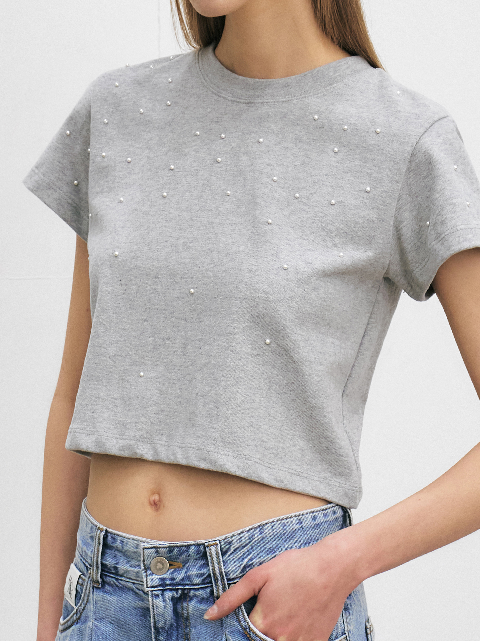HACIE - PEARL BEADS CROPPED T-SHIRT [3COLORS]