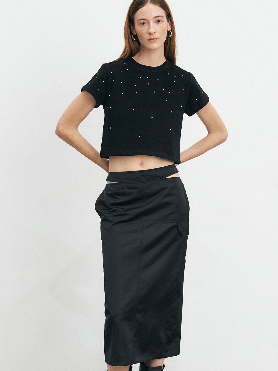 HACIE - GLOSSY SATIN CUT-OUT SKIRT [3COLORS]