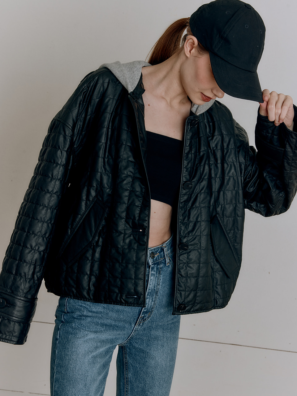 HACIE - OVERSIZE QUILTED LEATHER JACKET [블랙]