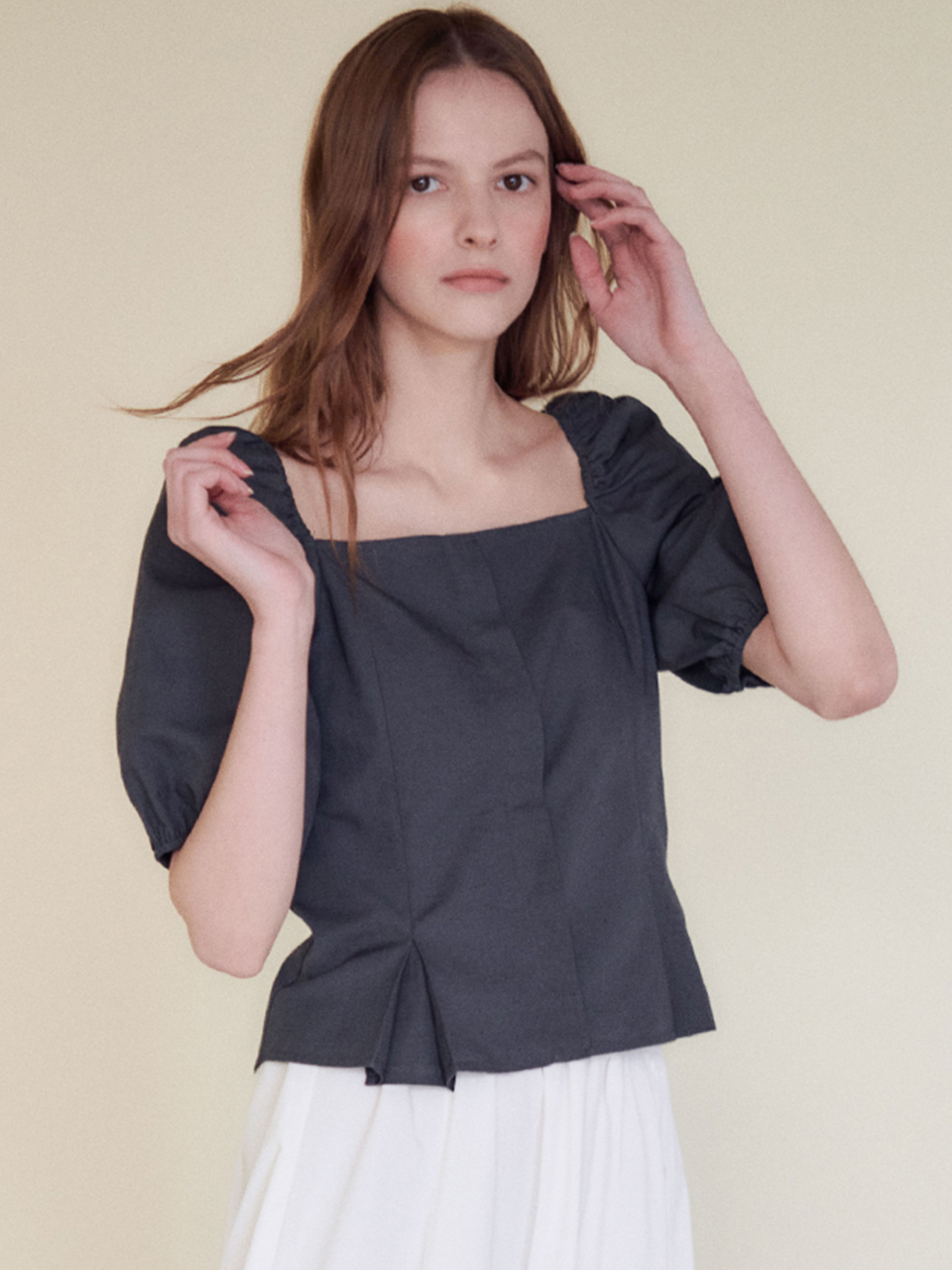 HACIE - BUSTIER PUFF-SLEEVE TOP [CHARCOAL]